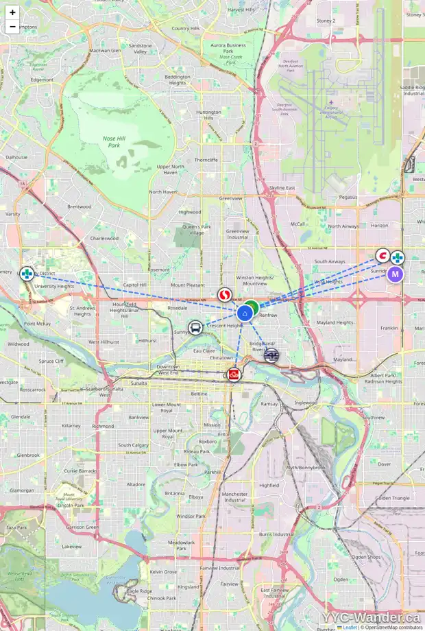 Daily accessibility map for 510 12 AV NE, Calgary showing nearby schools, grocery stores, parks, LRT stations and nearby amenities