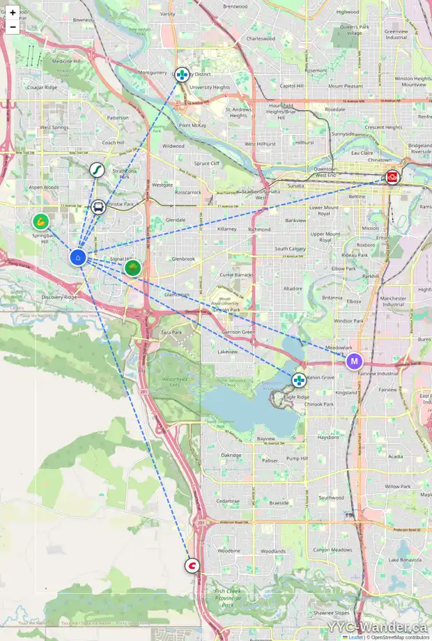 Daily accessibility map for 31 70 ELMONT DR SW, Calgary showing nearby schools, grocery stores, parks, LRT stations and nearby amenities