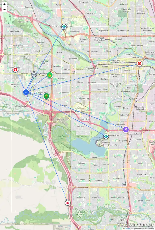Daily accessibility map for 42 70 ELMONT DR SW, Calgary showing nearby schools, grocery stores, parks, LRT stations and nearby amenities