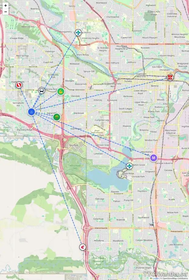 Daily accessibility map for 54 70 ELMONT DR SW, Calgary showing nearby schools, grocery stores, parks, LRT stations and nearby amenities