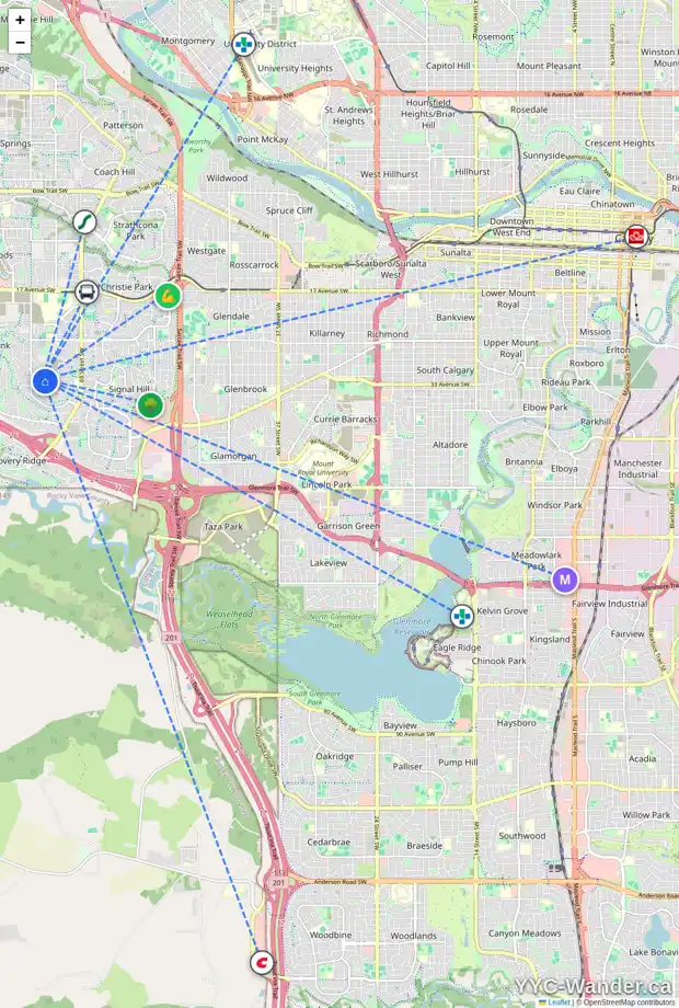 Daily accessibility map for 55 70 ELMONT DR SW, Calgary showing nearby schools, grocery stores, parks, LRT stations and nearby amenities