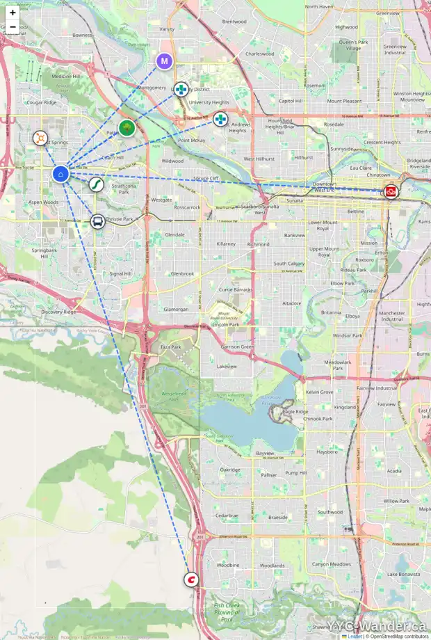 Daily accessibility map for 8 STRATHLEA PL SW, Calgary showing nearby schools, grocery stores, parks, LRT stations and nearby amenities
