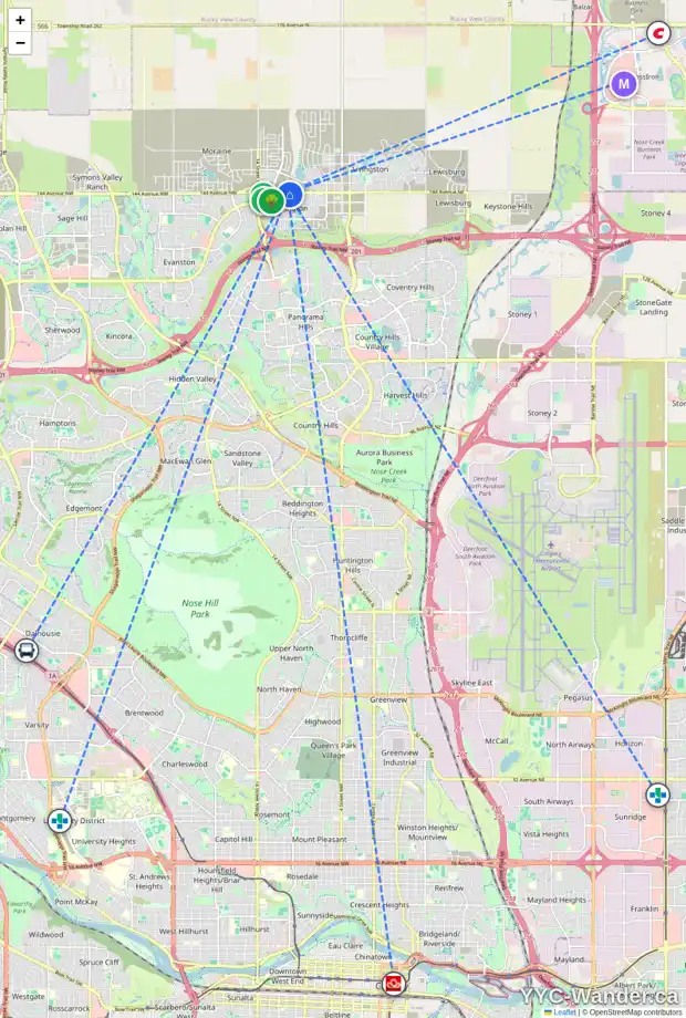 Daily accessibility map for 136 CARRINGTON CL NW, Calgary showing nearby schools, grocery stores, parks, LRT stations and nearby amenities