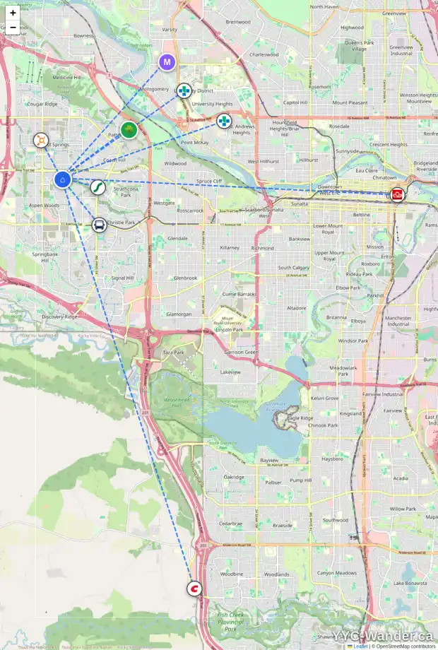 Daily accessibility map for 23 STRATHLEA PL SW, Calgary showing nearby schools, grocery stores, parks, LRT stations and nearby amenities