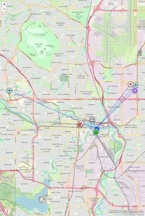 Daily accessibility map for 1210 8 AV SE, Calgary showing nearby schools, grocery stores, parks, LRT stations and nearby amenities