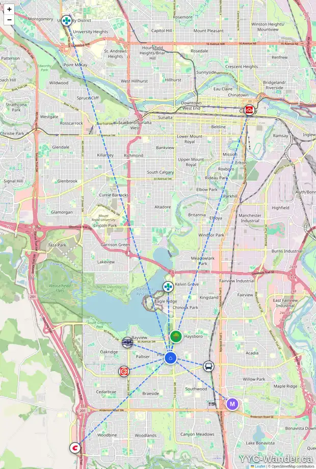 Daily accessibility map for 1520 96 AV SW, Calgary showing nearby schools, grocery stores, parks, LRT stations and nearby amenities