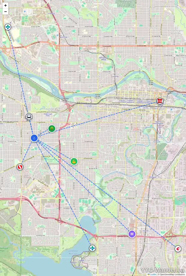 Daily accessibility map for 2432 32 ST SW, Calgary showing nearby schools, grocery stores, parks, LRT stations and nearby amenities