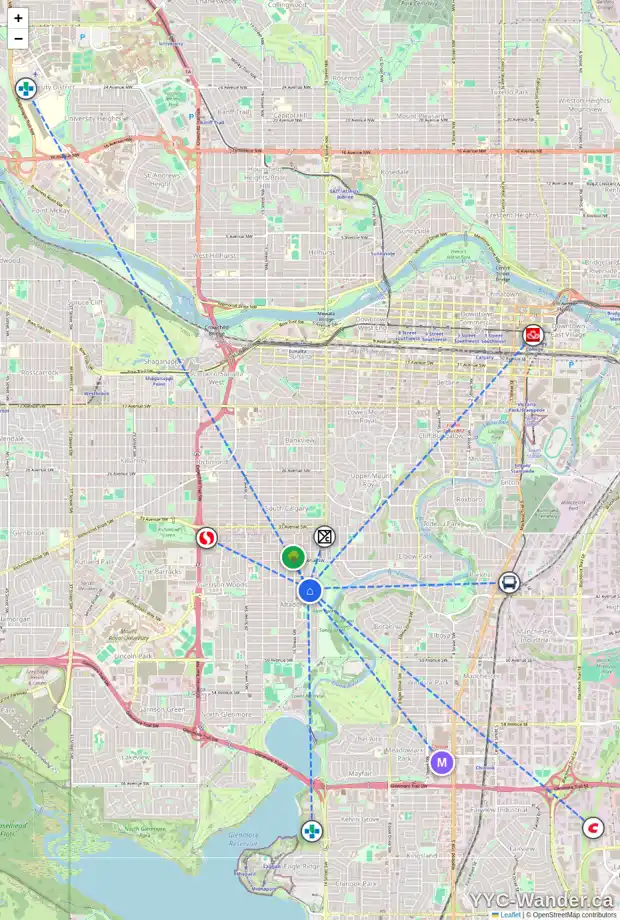Daily accessibility map for 4207 15 ST SW, Calgary showing nearby schools, grocery stores, parks, LRT stations and nearby amenities