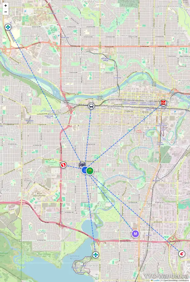 Daily accessibility map for 3801 17 ST SW, Calgary showing nearby schools, grocery stores, parks, LRT stations and nearby amenities