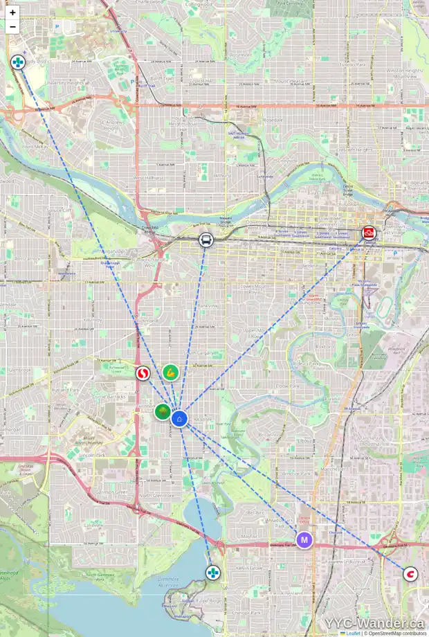 Daily accessibility map for 2016 43 AV SW, Calgary showing nearby schools, grocery stores, parks, LRT stations and nearby amenities