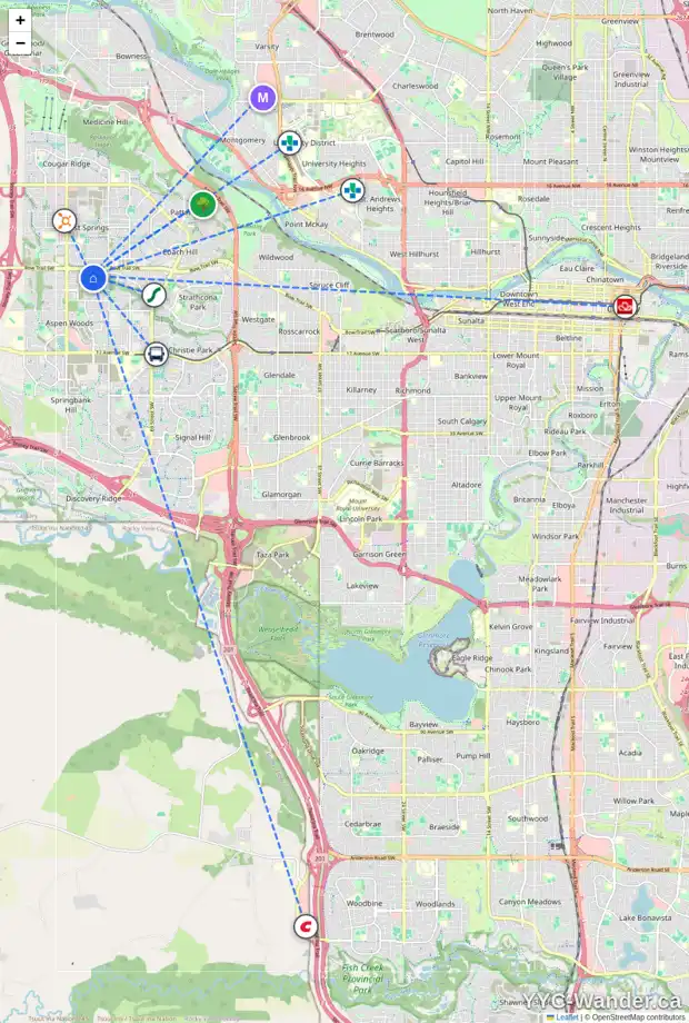 Daily accessibility map for 2 STRATHLEA MR SW, Calgary showing nearby schools, grocery stores, parks, LRT stations and nearby amenities