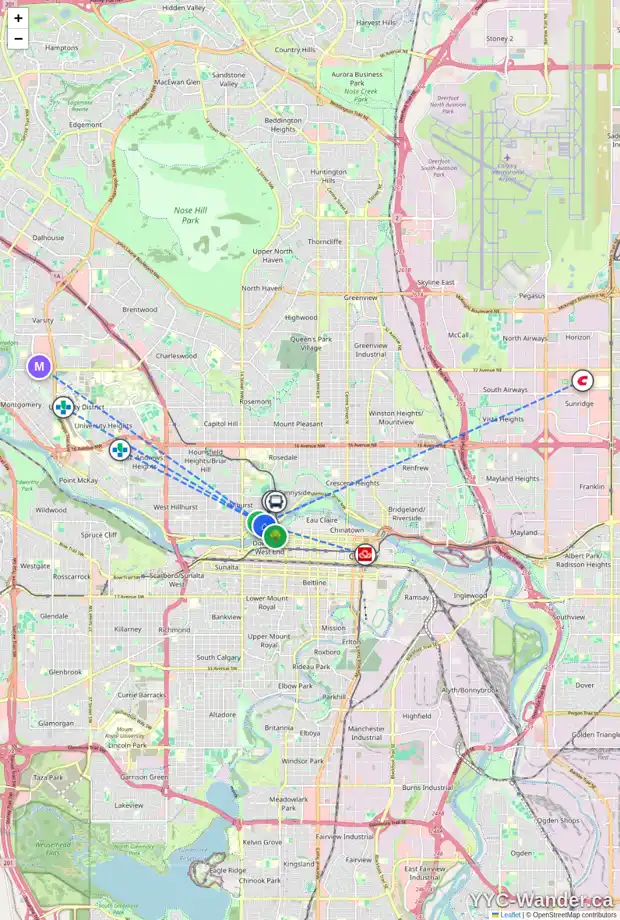 Daily accessibility map for 102 1150 MEMORIAL DR NW, Calgary showing nearby schools, grocery stores, parks, LRT stations and nearby amenities