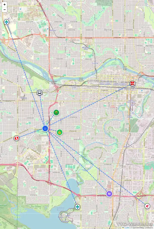 Daily accessibility map for 2608 32 AV SW, Calgary showing nearby schools, grocery stores, parks, LRT stations and nearby amenities
