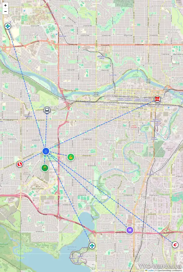 Daily accessibility map for 3220 27 ST SW, Calgary showing nearby schools, grocery stores, parks, LRT stations and nearby amenities