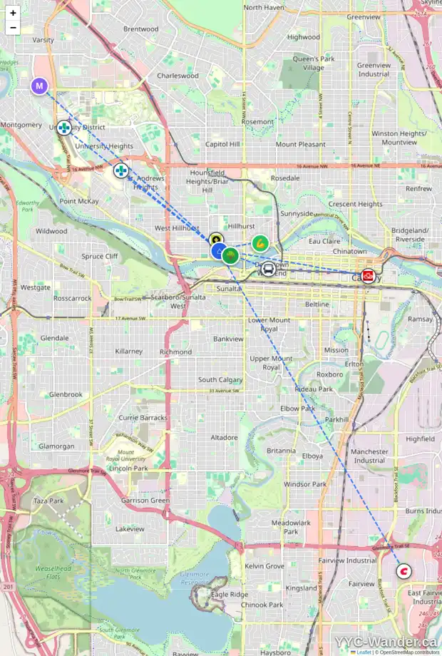 Daily accessibility map for 1835 BOWNESS RD NW, Calgary showing nearby schools, grocery stores, parks, LRT stations and nearby amenities