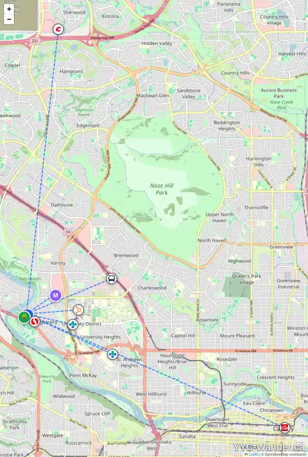 Daily accessibility map for 5230 BOWNESS RD NW, Calgary showing nearby schools, grocery stores, parks, LRT stations and nearby amenities