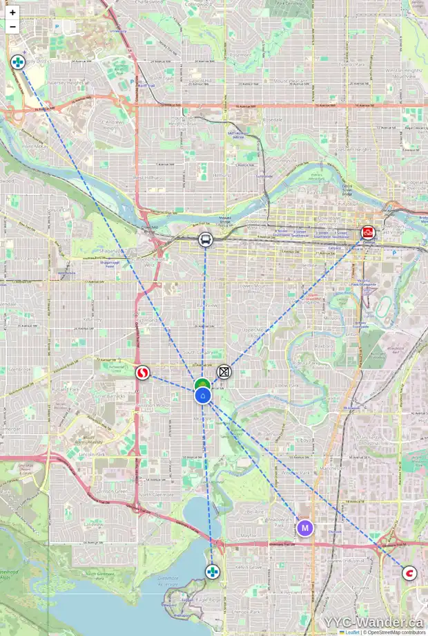 Daily accessibility map for 3925 16 ST SW, Calgary showing nearby schools, grocery stores, parks, LRT stations and nearby amenities