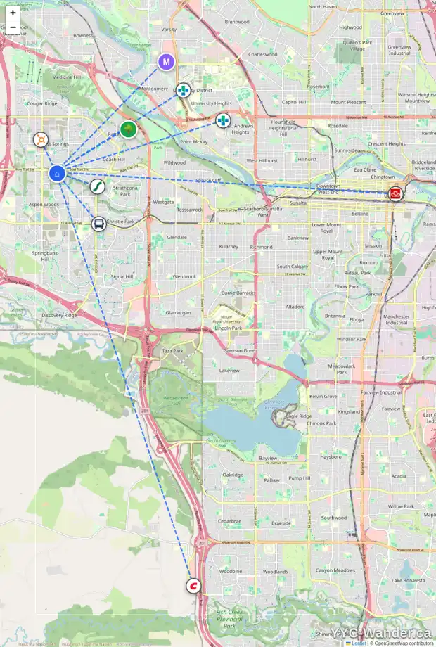 Daily accessibility map for 30 STRATHLEA MR SW, Calgary showing nearby schools, grocery stores, parks, LRT stations and nearby amenities