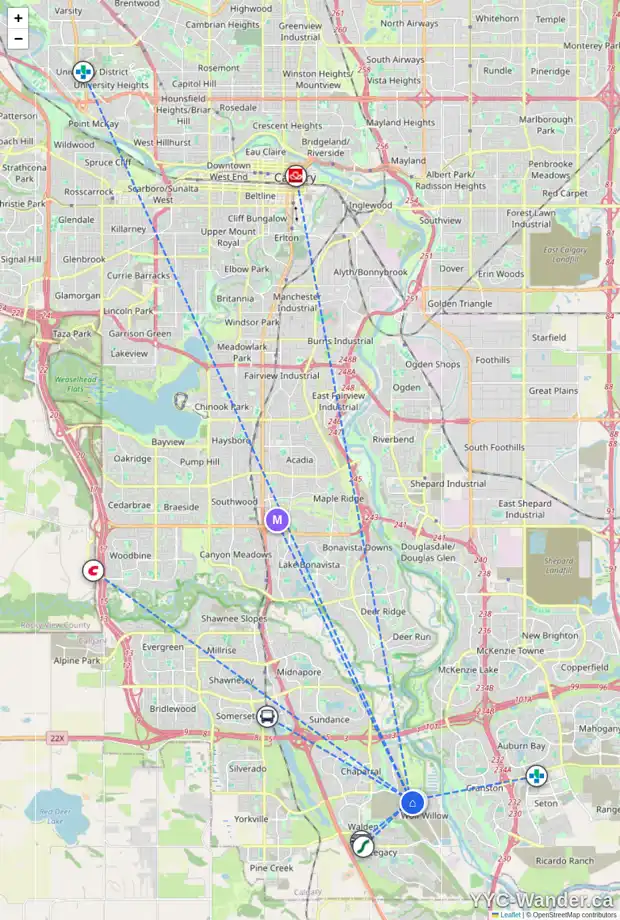 Daily accessibility map for 363 WOLF CREEK MR SE, Calgary showing nearby schools, grocery stores, parks, LRT stations and nearby amenities