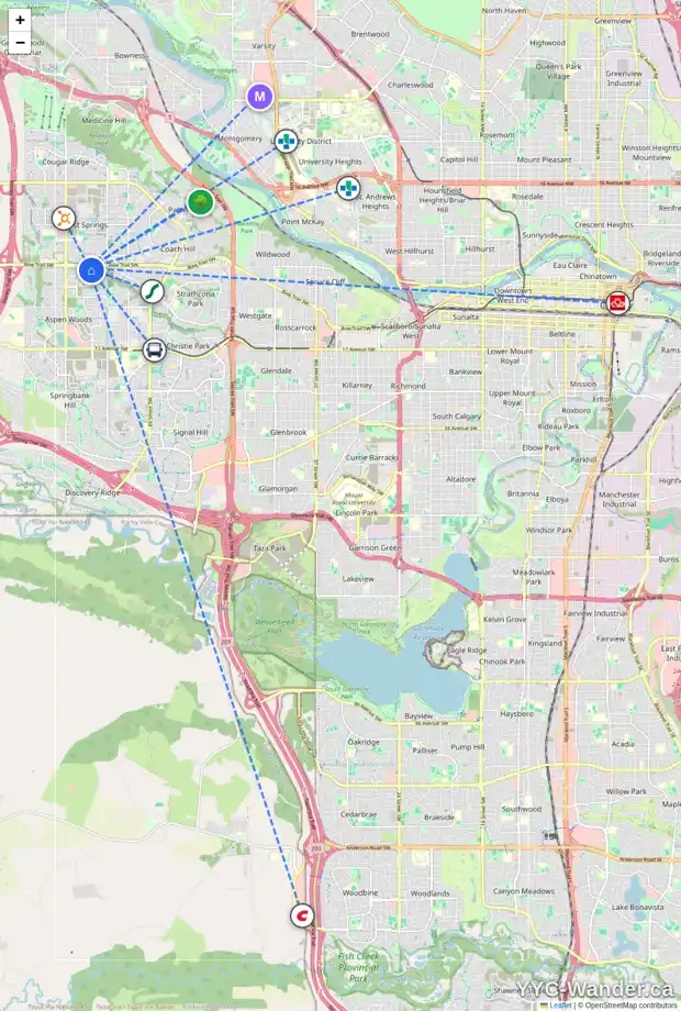 Daily accessibility map for 42 STRATHLEA MR SW, Calgary showing nearby schools, grocery stores, parks, LRT stations and nearby amenities