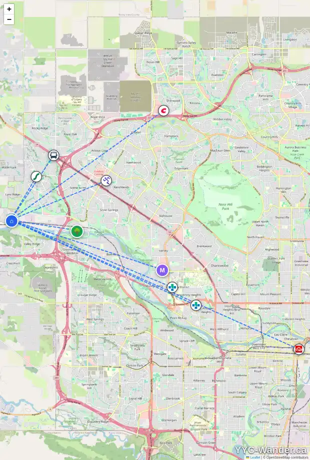Daily accessibility map for 59 ROWLEY PA NW, Calgary showing nearby schools, grocery stores, parks, LRT stations and nearby amenities
