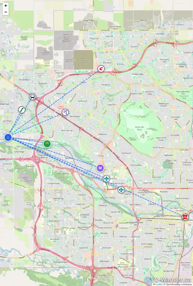 Daily accessibility map for 298 ROWLEY WY NW, Calgary showing nearby schools, grocery stores, parks, LRT stations and nearby amenities
