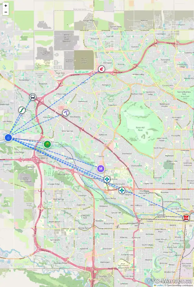 Daily accessibility map for 294 ROWLEY WY NW, Calgary showing nearby schools, grocery stores, parks, LRT stations and nearby amenities