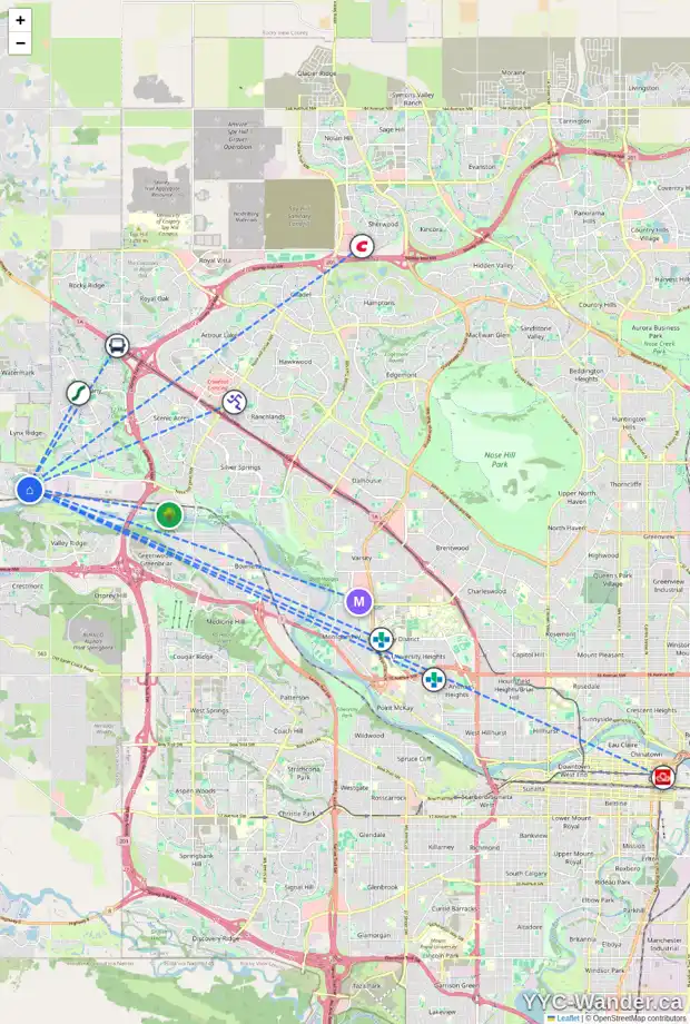 Daily accessibility map for 36 ROWLEY RI NW, Calgary showing nearby schools, grocery stores, parks, LRT stations and nearby amenities