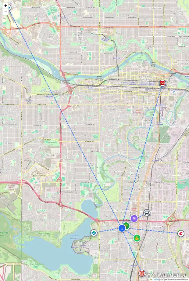 Daily accessibility map for 906 69 AV SW, Calgary showing nearby schools, grocery stores, parks, LRT stations and nearby amenities