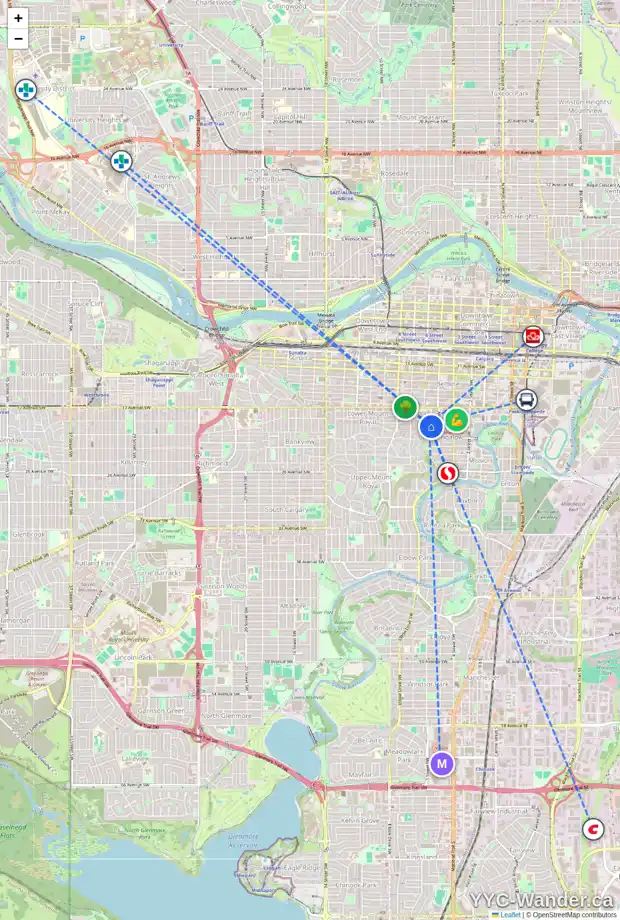 Daily accessibility map for 1909 5A ST SW, Calgary showing nearby schools, grocery stores, parks, LRT stations and nearby amenities