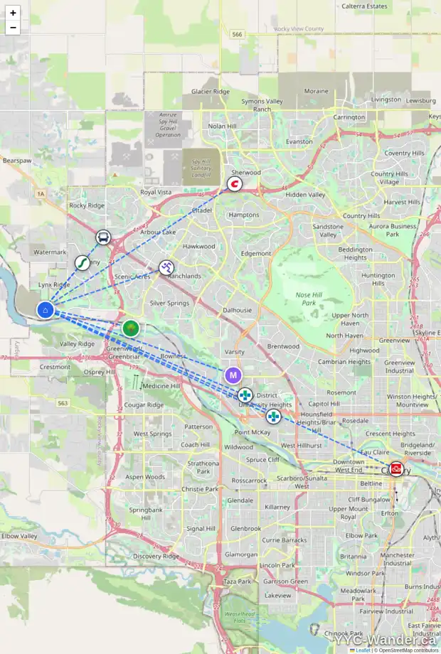 Daily accessibility map for 188 ROWMONT BV NW, Calgary showing nearby schools, grocery stores, parks, LRT stations and nearby amenities