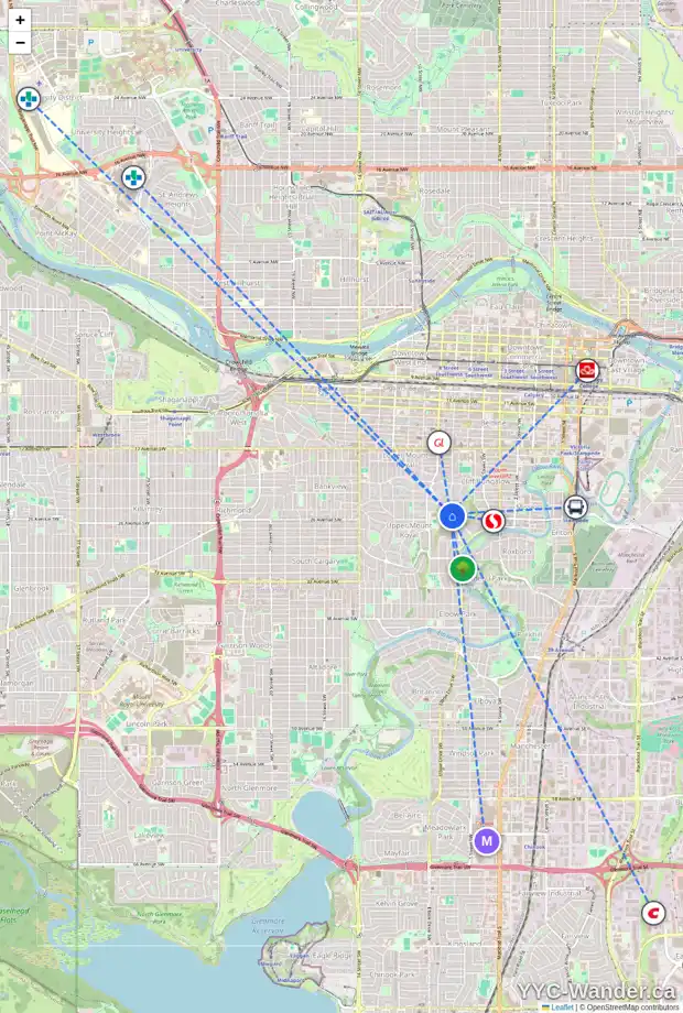 Daily accessibility map for 801 HILLCREST AV SW, Calgary showing nearby schools, grocery stores, parks, LRT stations and nearby amenities