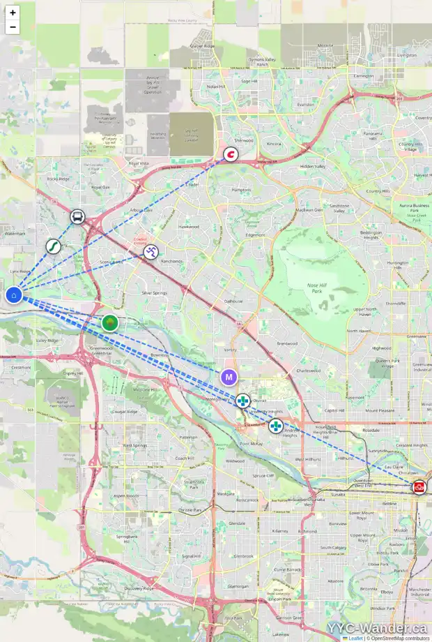 Daily accessibility map for 35 ROCHESTER VW NW, Calgary showing nearby schools, grocery stores, parks, LRT stations and nearby amenities