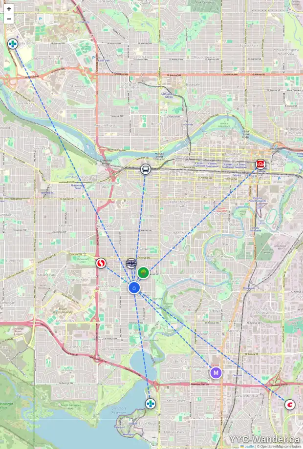 Daily accessibility map for 4128 18 ST SW, Calgary showing nearby schools, grocery stores, parks, LRT stations and nearby amenities