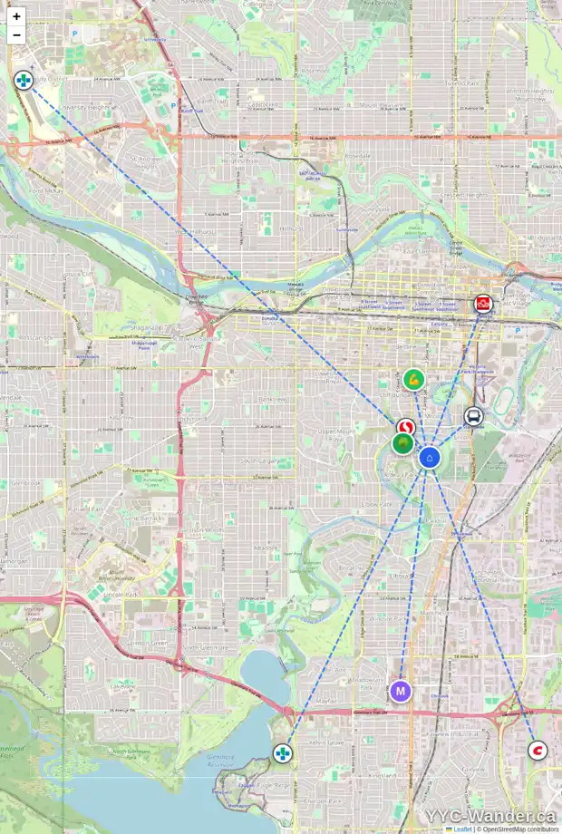 Daily accessibility map for 3046 2 ST SW, Calgary showing nearby schools, grocery stores, parks, LRT stations and nearby amenities