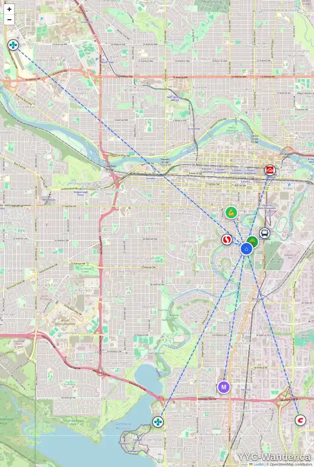 Daily accessibility map for 102 ROXBORO RD SW, Calgary showing nearby schools, grocery stores, parks, LRT stations and nearby amenities