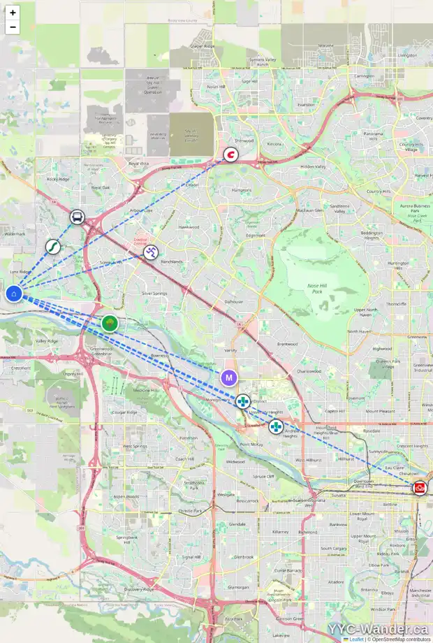 Daily accessibility map for 206 ROCHESTER WY NW, Calgary showing nearby schools, grocery stores, parks, LRT stations and nearby amenities