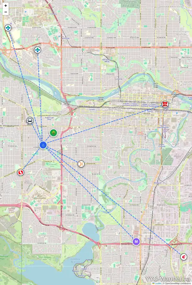 Daily accessibility map for 2612 29 ST SW, Calgary showing nearby schools, grocery stores, parks, LRT stations and nearby amenities