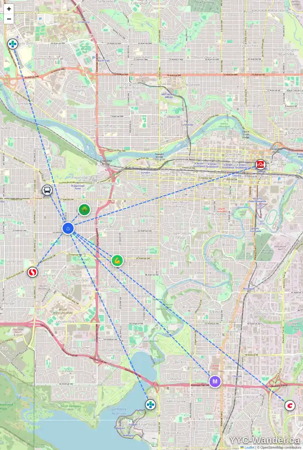 Daily accessibility map for 2610 29 ST SW, Calgary showing nearby schools, grocery stores, parks, LRT stations and nearby amenities