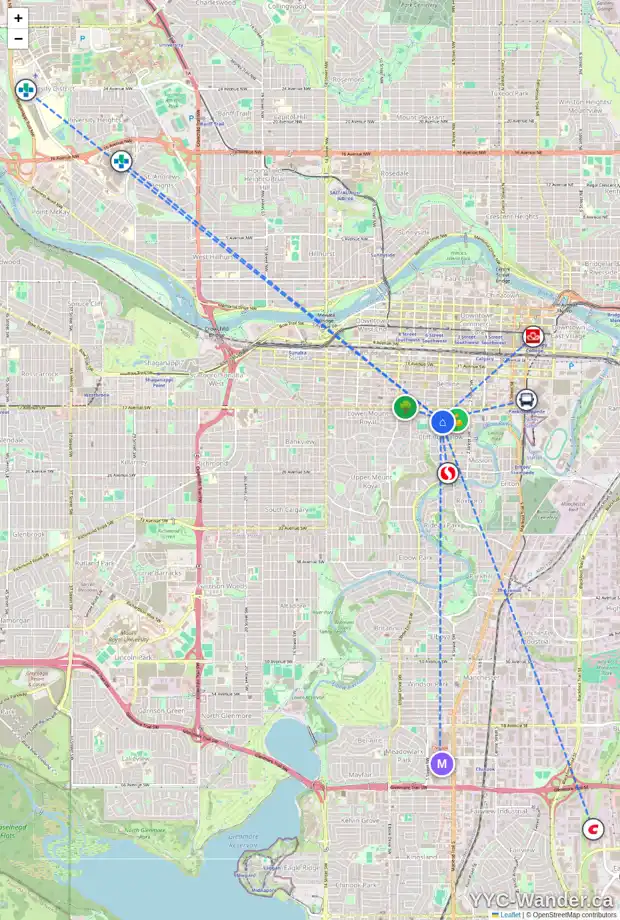 Daily accessibility map for 4 1818 5 ST SW, Calgary showing nearby schools, grocery stores, parks, LRT stations and nearby amenities