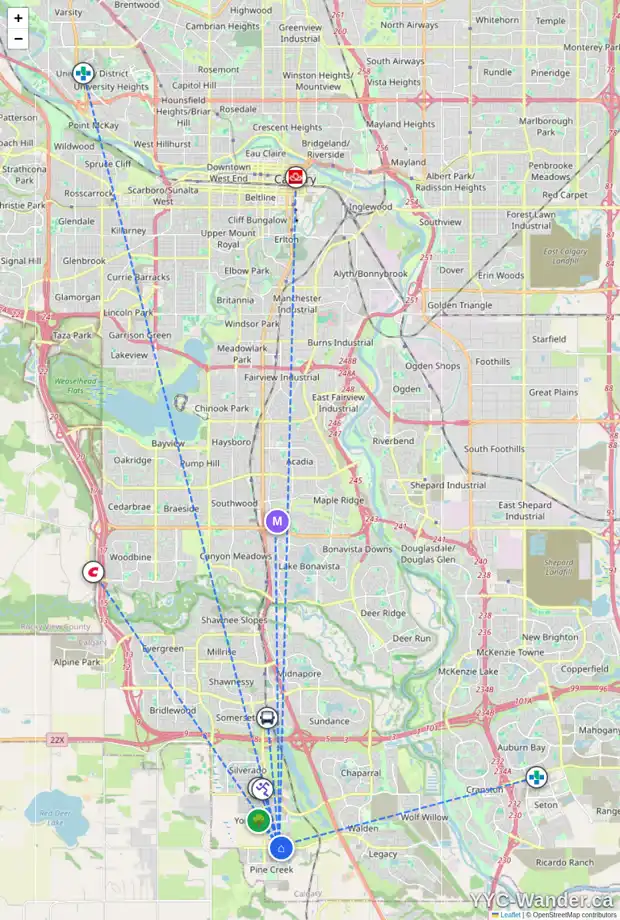 Daily accessibility map for 396 210 AV SW, Calgary showing nearby schools, grocery stores, parks, LRT stations and nearby amenities