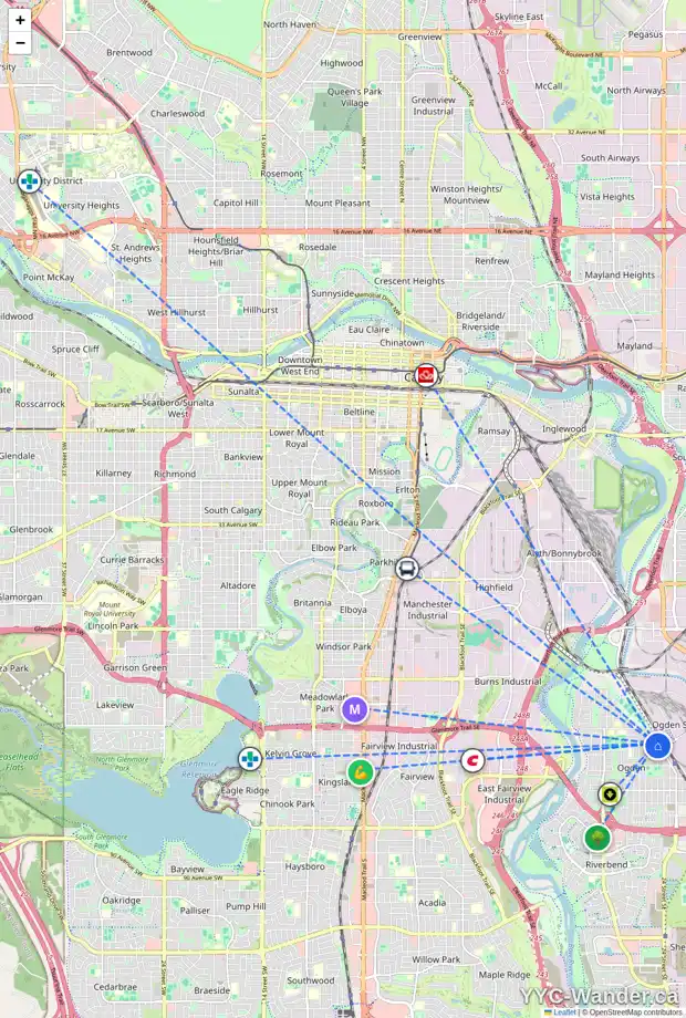 Daily accessibility map for 2352 CRESTWOOD RD SE, Calgary showing nearby schools, grocery stores, parks, LRT stations and nearby amenities