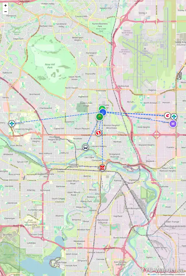 Daily accessibility map for 3302 2 ST NE, Calgary showing nearby schools, grocery stores, parks, LRT stations and nearby amenities