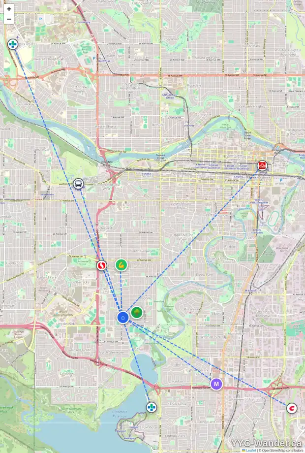 Daily accessibility map for 2046 48 AV SW, Calgary showing nearby schools, grocery stores, parks, LRT stations and nearby amenities