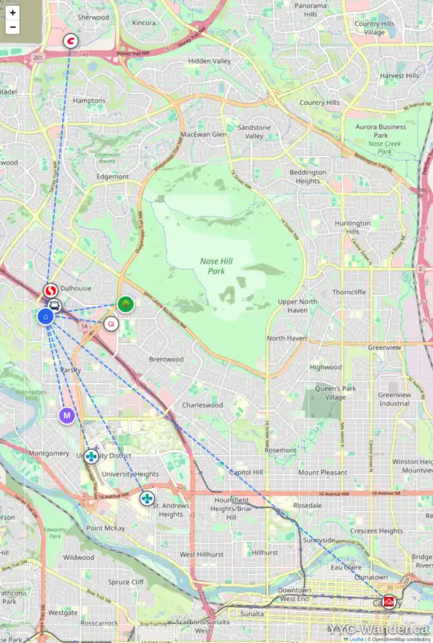 Daily accessibility map for 5358 53 ST NW, Calgary showing nearby schools, grocery stores, parks, LRT stations and nearby amenities