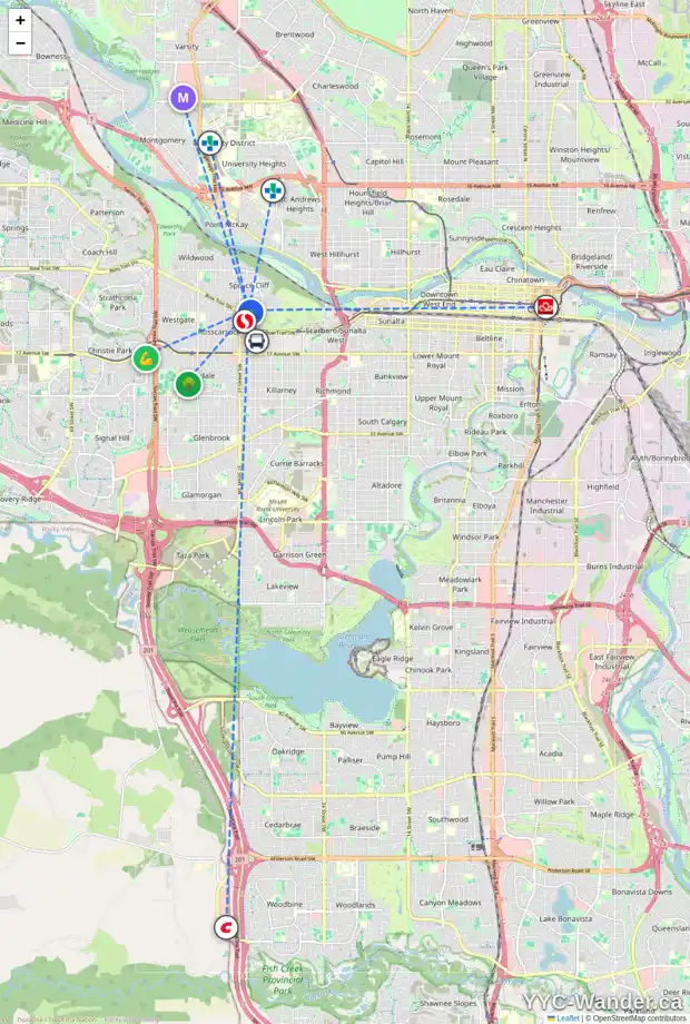 Daily accessibility map for 3528 8 AV SW, Calgary showing nearby schools, grocery stores, parks, LRT stations and nearby amenities