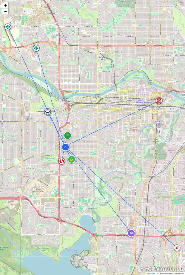 Daily accessibility map for 2905 22 ST SW, Calgary showing nearby schools, grocery stores, parks, LRT stations and nearby amenities
