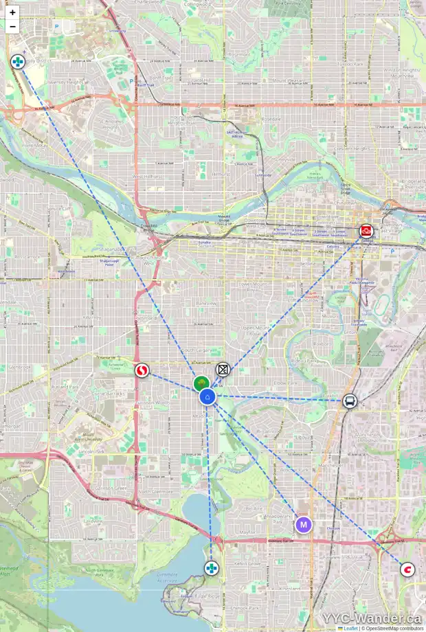 Daily accessibility map for 4019 15A ST SW, Calgary showing nearby schools, grocery stores, parks, LRT stations and nearby amenities