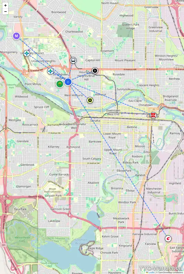 Daily accessibility map for 2510 11 AV NW, Calgary showing nearby schools, grocery stores, parks, LRT stations and nearby amenities