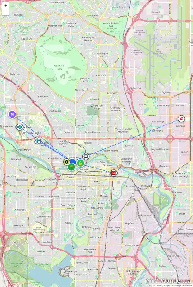 Daily accessibility map for 1 1708 KENSINGTON RD NW, Calgary showing nearby schools, grocery stores, parks, LRT stations and nearby amenities
